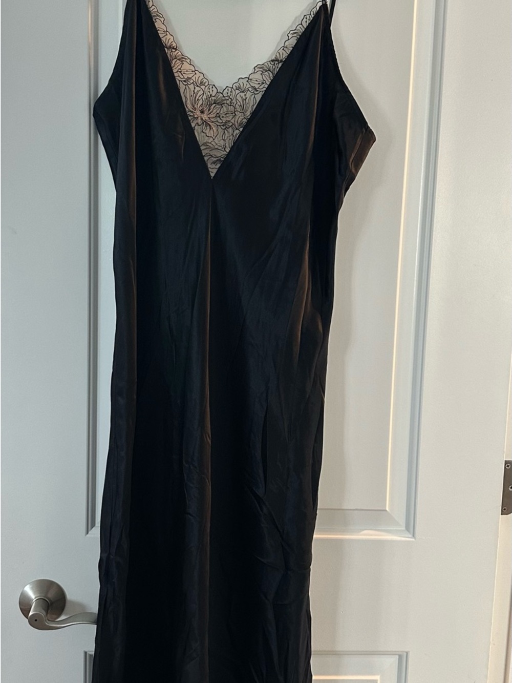 Soma Sensual Black Satin Chemise with Lace V-Neck